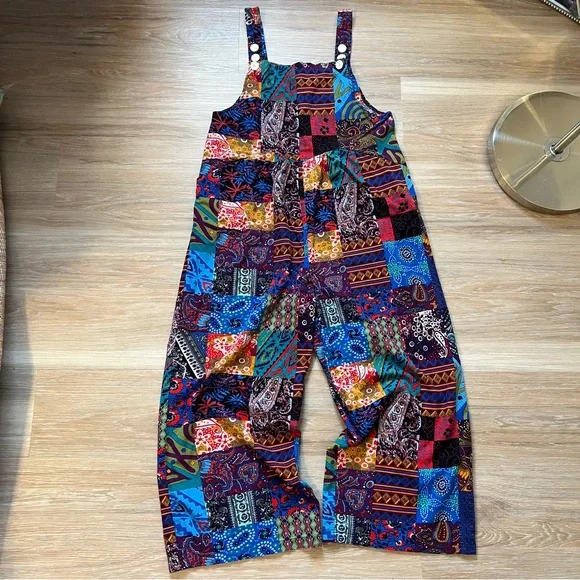 Colorful vintage patchwork overalls in size Medium boho hippie festival - Picture 1 of 8